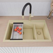 HD Aspen Beige 78 kétmedencés gránit mosogatótálca szett, matt fekete csepegtetőráccsal és krómozott kosárral, soft bézs színben, szálcsiszolt arany leeresztő szifonnal