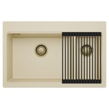 HD Aspen Beige 78 kétmedencés gránit mosogatótálca szett, matt fekete csepegtetőráccsal, soft bézs színben, szálcsiszolt arany leeresztő szifonnal