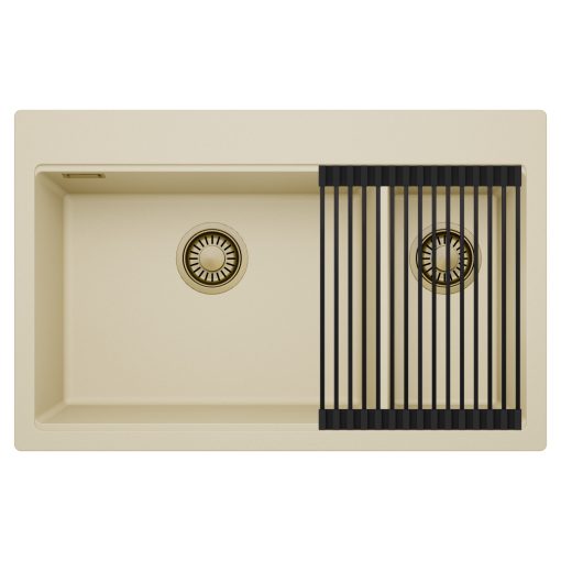 HD Aspen Beige 78 kétmedencés gránit mosogatótálca szett, matt fekete csepegtetőráccsal, soft bézs színben, szálcsiszolt arany leeresztő szifonnal