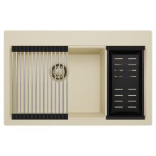 HD Aspen Beige 78 kétmedencés gránit mosogatótálca szett, acél csepegtetőráccsal és matt fekete kosárral, soft bézs színben, szálcsiszolt arany leeresztő szifonnal