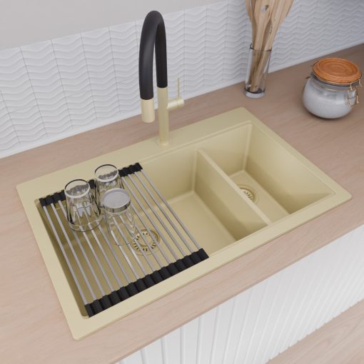 HD Aspen Beige 78 kétmedencés gránit mosogatótálca szett, acél csepegtetőráccsal és matt fekete kosárral, soft bézs színben, szálcsiszolt arany leeresztő szifonnal