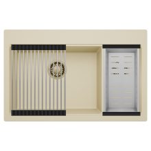 HD Aspen Beige 78 kétmedencés gránit mosogatótálca szett, acél csepegtetőráccsal és kosárral, soft bézs színben, szálcsiszolt arany leeresztő szifonnal