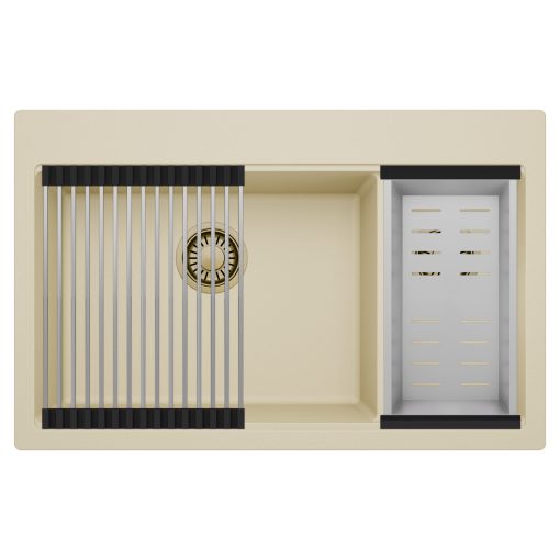 HD Aspen Beige 78 kétmedencés gránit mosogatótálca szett, acél csepegtetőráccsal és kosárral, soft bézs színben, szálcsiszolt arany leeresztő szifonnal
