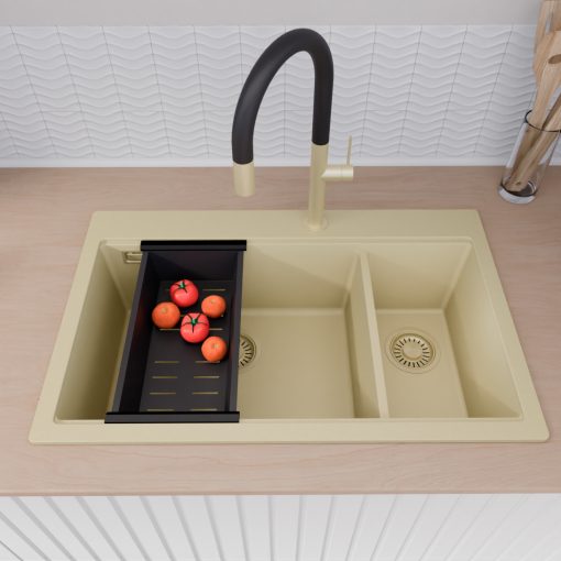 HD Aspen Beige 78 kétmedencés gránit mosogatótálca szett, vágódeszkával, matt fekete csepegtetőráccsal és kosárral, soft bézs színben, szálcsiszolt arany leeresztő szifonnal