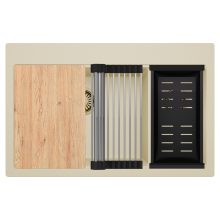 HD Aspen Beige 78 kétmedencés gránit mosogatótálca szett, vágódeszkával, acél csepegtetőráccsal és matt fekete kosárral, soft bézs színben, szálcsiszolt arany leeresztő szifonnal