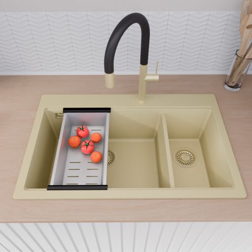 HD Aspen Beige 78 kétmedencés gránit mosogatótálca szett, vágódeszkával, acél csepegtetőráccsal és kosárral, soft bézs színben, szálcsiszolt arany leeresztő szifonnal