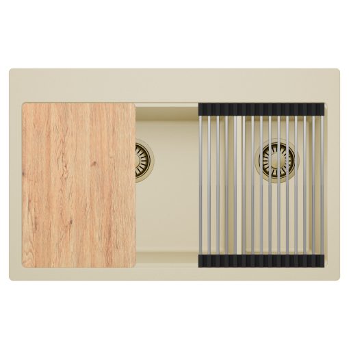 HD Aspen Beige 78 kétmedencés gránit mosogatótálca szett, vágódeszkával, acél csepegtetőráccsal, soft bézs színben, szálcsiszolt arany leeresztő szifonnal