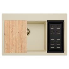 HD Aspen Beige 78 kétmedencés gránit mosogatótálca szett, vágódeszkával, matt fekete csepegtetőkosárral, soft bézs színben, szálcsiszolt arany leeresztő szifonnal