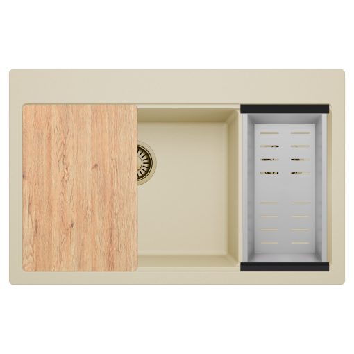 HD Aspen Beige 78 kétmedencés gránit mosogatótálca szett, vágódeszkával, acél csepegtetőkosárral, soft bézs színben, szálcsiszolt arany leeresztő szifonnal