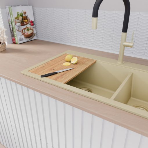 HD Aspen Beige 78 kétmedencés gránit mosogatótálca szett, vágódeszkával, acél csepegtetőkosárral, soft bézs színben, szálcsiszolt arany leeresztő szifonnal