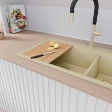 HD Aspen Beige 78 kétmedencés gránit mosogatótálca, vágódeszkával, soft bézs színben, szálcsiszolt arany leeresztő szifonnal