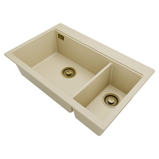HD Aspen Beige 78 kétmedencés gránit mosogatótálca, vágódeszkával, soft bézs színben, szálcsiszolt arany leeresztő szifonnal