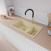 HD Aspen Beige 78 kétmedencés gránit mosogatótálca, vágódeszkával, soft bézs színben, szálcsiszolt arany leeresztő szifonnal