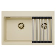 HD Aspen Beige 78 kétmedencés gránit mosogatótálca szett, acél csepegtetőráccsal, soft bézs színben, szálcsiszolt arany leeresztő szifonnal