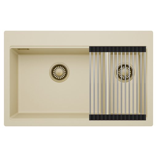HD Aspen Beige 78 kétmedencés gránit mosogatótálca szett, acél csepegtetőráccsal, soft bézs színben, szálcsiszolt arany leeresztő szifonnal