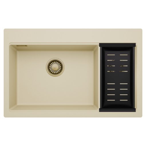 HD Aspen Beige 78 kétmedencés gránit mosogatótálca szett, matt fekete csepegtetőkosárral, soft bézs színben, szálcsiszolt arany leeresztő szifonnal
