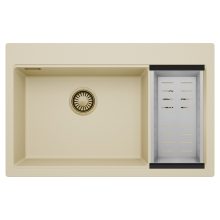 HD Aspen Beige 78 kétmedencés gránit mosogatótálca szett, acél csepegtetőkosárral, soft bézs színben, szálcsiszolt arany leeresztő szifonnal