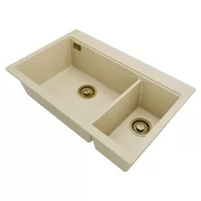 HD Aspen Beige 78 kétmedencés gránit mosogatótálca, soft bézs színben, szálcsiszolt arany leeresztő szifonnal