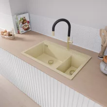 HD Aspen Beige 78 kétmedencés gránit mosogatótálca, soft bézs színben, szálcsiszolt arany leeresztő szifonnal