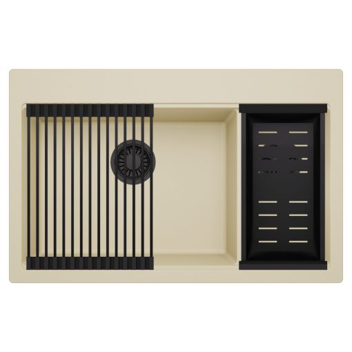 HD Aspen Beige 78 kétmedencés gránit mosogatótálca szett, matt fekete csepegtetőráccsal és kosárral, soft bézs színben, matt fekete leeresztő szifonnal