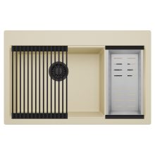 HD Aspen Beige 78 kétmedencés gránit mosogatótálca szett, matt fekete csepegtetőráccsal és krómozott kosárral, soft bézs színben, matt fekete leeresztő szifonnal