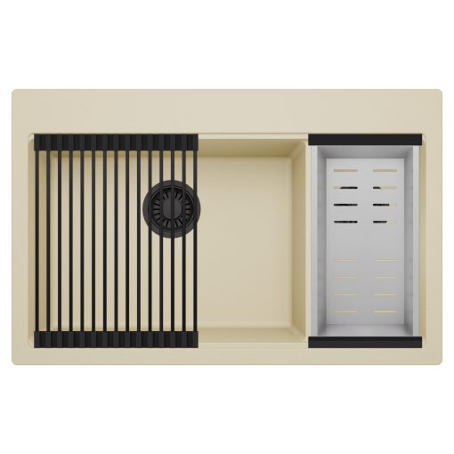HD Aspen Beige 78 kétmedencés gránit mosogatótálca szett, matt fekete csepegtetőráccsal és krómozott kosárral, soft bézs színben, matt fekete leeresztő szifonnal