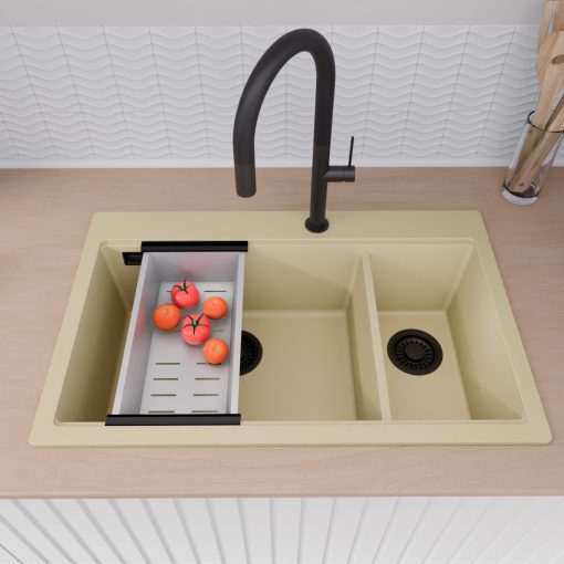 HD Aspen Beige 78 kétmedencés gránit mosogatótálca szett, matt fekete csepegtetőráccsal és krómozott kosárral, soft bézs színben, matt fekete leeresztő szifonnal