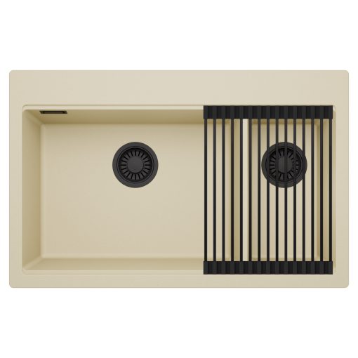 HD Aspen Beige 78 kétmedencés gránit mosogatótálca szett, matt fekete csepegtetőráccsal, soft bézs színben, matt fekete leeresztő szifonnal