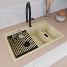 HD Aspen Beige 78 kétmedencés gránit mosogatótálca szett, matt fekete csepegtetőráccsal, soft bézs színben, matt fekete leeresztő szifonnal