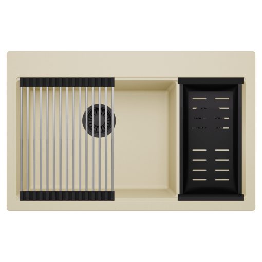 HD Aspen Beige 78 kétmedencés gránit mosogatótálca szett, acél csepegtetőráccsal és matt fekete kosárral, soft bézs színben, matt fekete leeresztő szifonnal