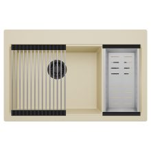HD Aspen Beige 78 kétmedencés gránit mosogatótálca szett, acél csepegtetőráccsal és kosárral, soft bézs színben, matt fekete leeresztő szifonnal