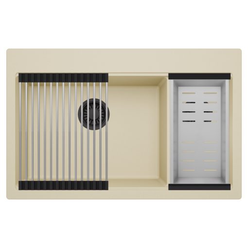 HD Aspen Beige 78 kétmedencés gránit mosogatótálca szett, acél csepegtetőráccsal és kosárral, soft bézs színben, matt fekete leeresztő szifonnal