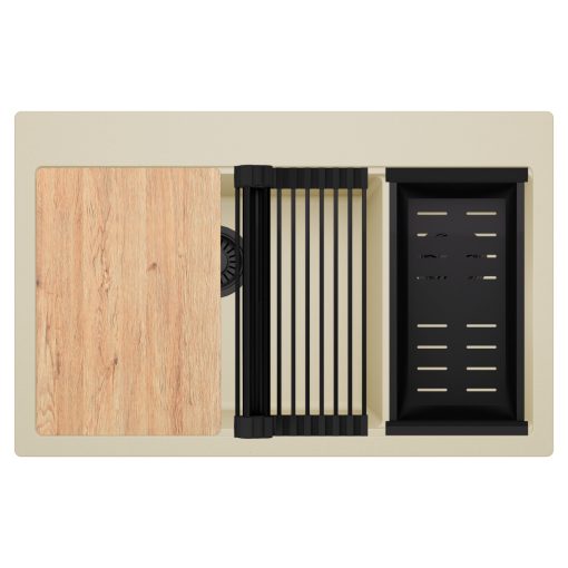 HD Aspen Beige 78 kétmedencés gránit mosogatótálca szett, vágódeszkával, matt fekete csepegtetőráccsal és kosárral, soft bézs színben, matt fekete leeresztő szifonnal