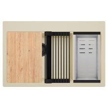HD Aspen Beige 78 kétmedencés gránit mosogatótálca szett, vágódeszkával, matt fekete csepegtetőráccsal és krómozott kosárral, soft bézs színben, matt fekete leeresztő szifonnal