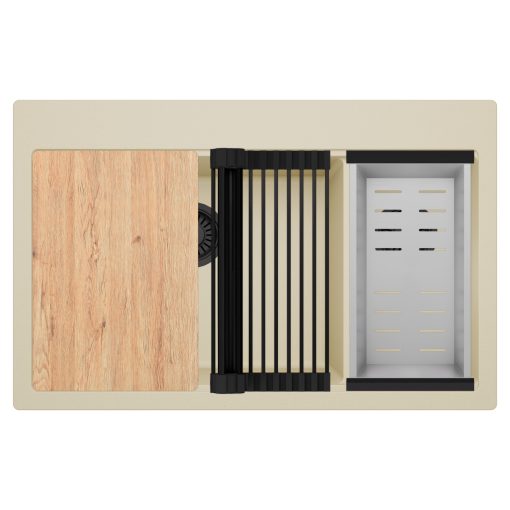 HD Aspen Beige 78 kétmedencés gránit mosogatótálca szett, vágódeszkával, matt fekete csepegtetőráccsal és krómozott kosárral, soft bézs színben, matt fekete leeresztő szifonnal