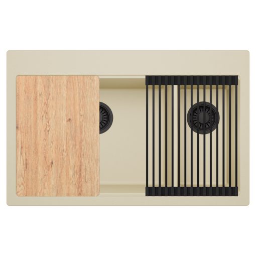 HD Aspen Beige 78 kétmedencés gránit mosogatótálca szett, vágódeszkával, matt fekete csepegtetőráccsal, soft bézs színben, matt fekete leeresztő szifonnal