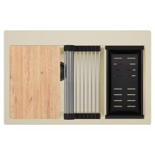 HD Aspen Beige 78 kétmedencés gránit mosogatótálca szett, vágódeszkával, acél csepegtetőráccsal és matt fekete kosárral, soft bézs színben, matt fekete leeresztő szifonnal