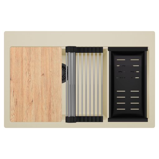 HD Aspen Beige 78 kétmedencés gránit mosogatótálca szett, vágódeszkával, acél csepegtetőráccsal és matt fekete kosárral, soft bézs színben, matt fekete leeresztő szifonnal