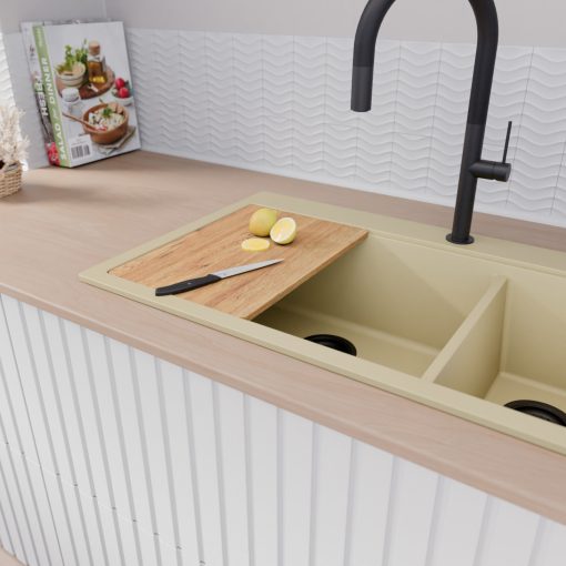 HD Aspen Beige 78 kétmedencés gránit mosogatótálca szett, vágódeszkával, acél csepegtetőráccsal és matt fekete kosárral, soft bézs színben, matt fekete leeresztő szifonnal