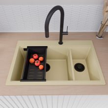 HD Aspen Beige 78 kétmedencés gránit mosogatótálca szett, vágódeszkával, acél csepegtetőráccsal és matt fekete kosárral, soft bézs színben, matt fekete leeresztő szifonnal