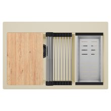 HD Aspen Beige 78 kétmedencés gránit mosogatótálca szett, vágódeszkával, acél csepegtetőráccsal és kosárral, soft bézs színben, matt fekete leeresztő szifonnal