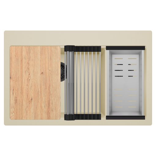 HD Aspen Beige 78 kétmedencés gránit mosogatótálca szett, vágódeszkával, acél csepegtetőráccsal és kosárral, soft bézs színben, matt fekete leeresztő szifonnal
