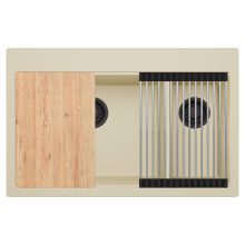 HD Aspen Beige 78 kétmedencés gránit mosogatótálca szett, vágódeszkával, acél csepegtetőráccsal, soft bézs színben, matt fekete leeresztő szifonnal