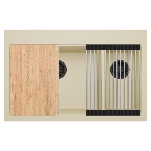 HD Aspen Beige 78 kétmedencés gránit mosogatótálca szett, vágódeszkával, acél csepegtetőráccsal, soft bézs színben, matt fekete leeresztő szifonnal
