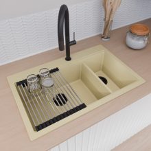 HD Aspen Beige 78 kétmedencés gránit mosogatótálca szett, vágódeszkával, acél csepegtetőráccsal, soft bézs színben, matt fekete leeresztő szifonnal