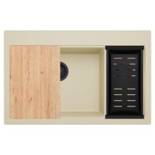 HD Aspen Beige 78 kétmedencés gránit mosogatótálca szett, vágódeszkával, matt fekete csepegtetőkosárral, soft bézs színben, matt fekete leeresztő szifonnal