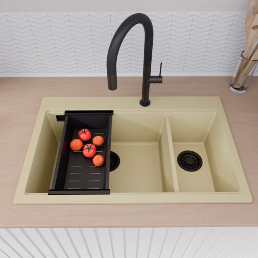 HD Aspen Beige 78 kétmedencés gránit mosogatótálca szett, vágódeszkával, matt fekete csepegtetőkosárral, soft bézs színben, matt fekete leeresztő szifonnal