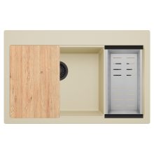 HD Aspen Beige 78 kétmedencés gránit mosogatótálca szett, vágódeszkával, acél csepegtetőkosárral, soft bézs színben, matt fekete leeresztő szifonnal