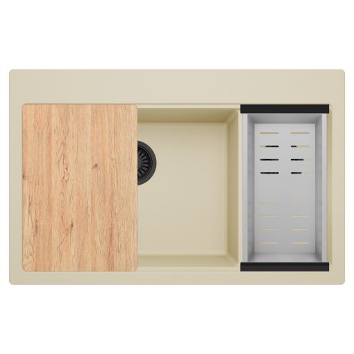 HD Aspen Beige 78 kétmedencés gránit mosogatótálca szett, vágódeszkával, acél csepegtetőkosárral, soft bézs színben, matt fekete leeresztő szifonnal