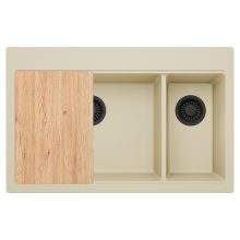 HD Aspen Beige 78 kétmedencés gránit mosogatótálca, vágódeszkával, soft bézs színben, matt fekete leeresztő szifonnal